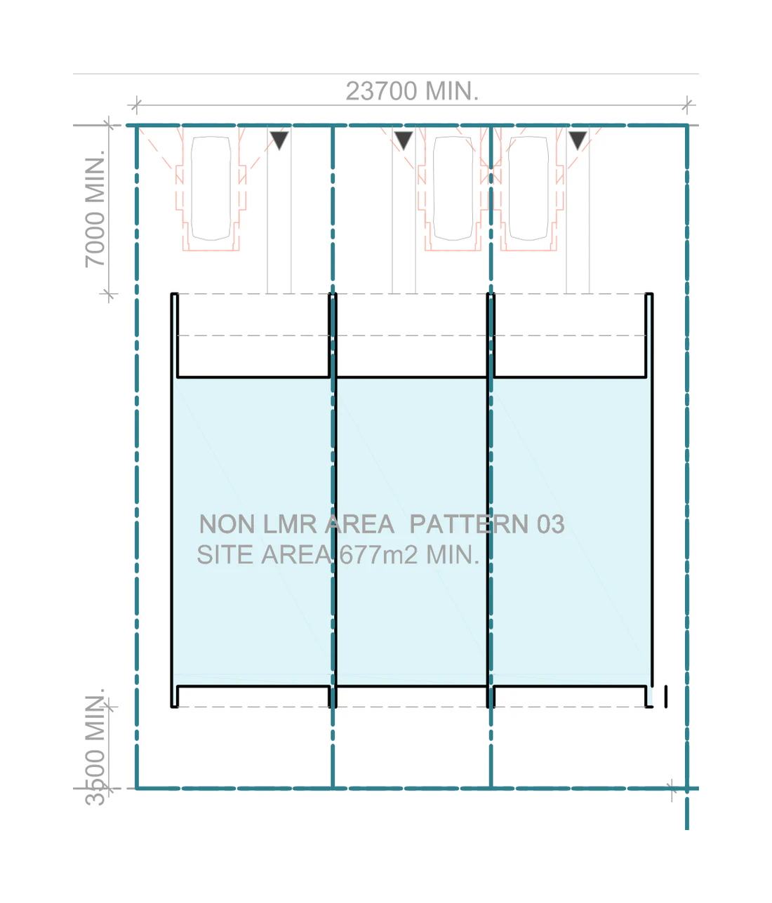 Pattern Book Terraces 03 siting plan for outside LMR housing areas, Mid block, Pattern 03, on a site of at least 680 square metres with a frontage of about 23.7 metres and a depth of about 28.57 metres, showing three large terraces with north facing living areas, private gardens, the hardstand car spaces in the front setback and the sloping roofs over; the whole development is 3 dwellings