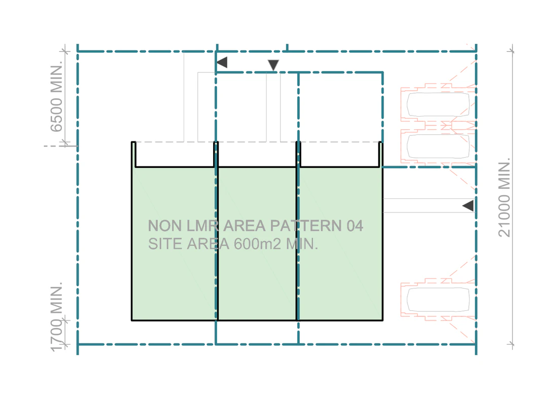 Pattern Book Terraces 03 siting plan for outside LMR housing areas, Mid block, Pattern 04, on a site of at least 600 square metres with a frontage of about 21 metres and a depth of about 28.57 metres, showing three medium terraces with north facing living areas, private gardens, the hardstand car spaces in the front setback and the sloping roofs over; the whole development is 3 dwellings