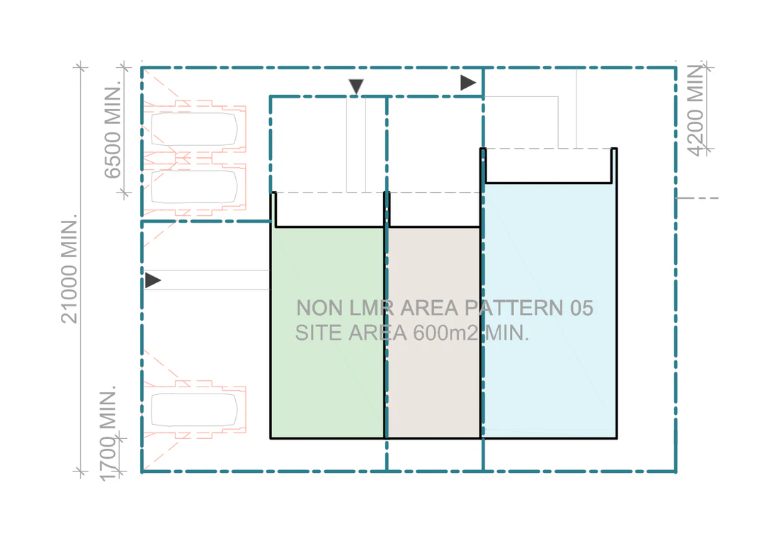 Pattern Book Terraces 03 siting plan for outside LMR housing areas, Mid block, Pattern 05, on a site of at least 600 square metres with a frontage of about 21 metres and a depth of about 28.57 metres, showing a large, a small and a medium terrace with north facing living areas, private gardens, the hardstand car spaces in the front setback and the sloping roofs over; the whole development is 3 dwellings
