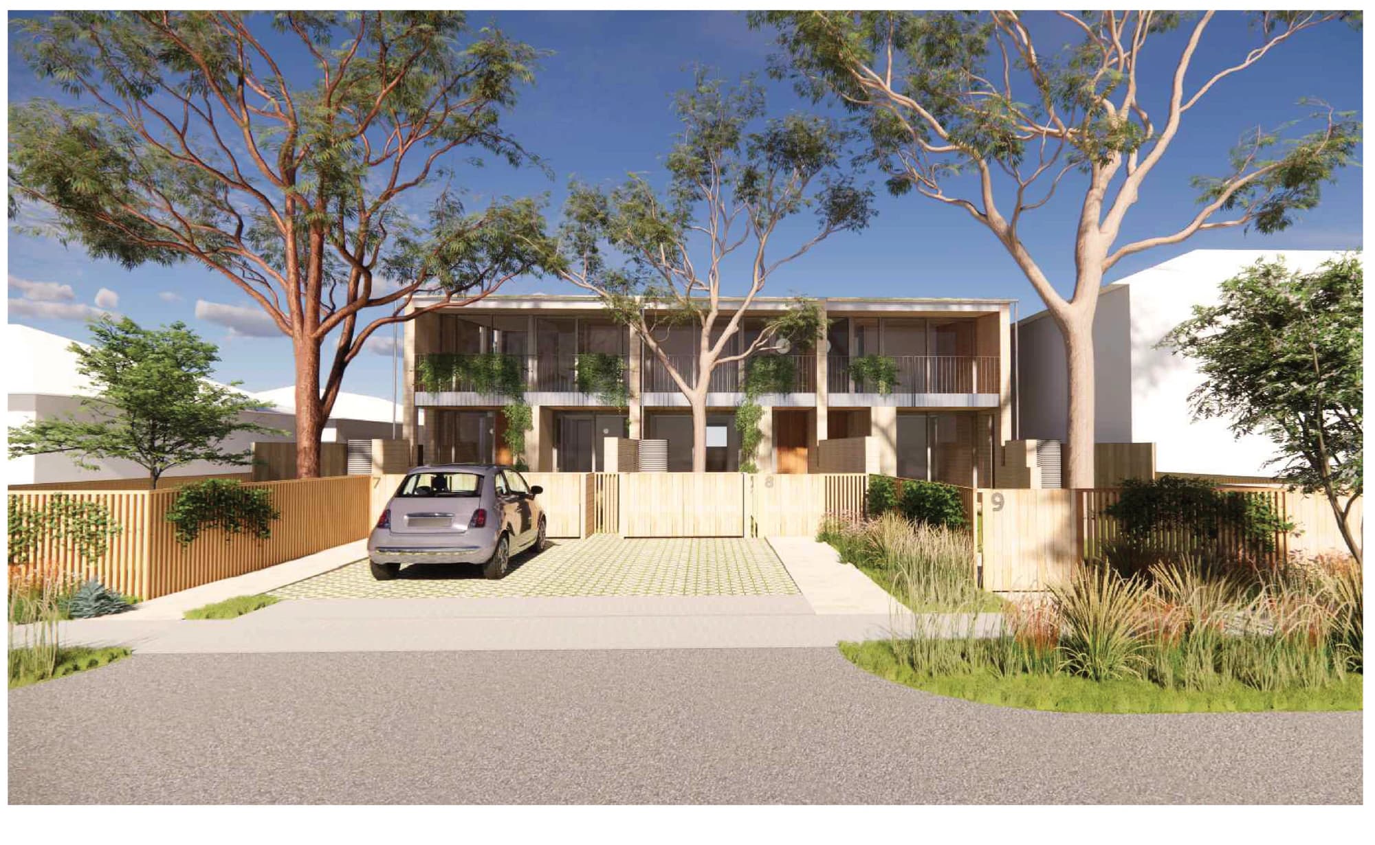 Pattern Book Terraces 03 exterior street view A-352 of the LMR housing area base pattern on a north facing street, showing three two storey terraces with timber batten front fences, planted front gardens, upper level balconies and a car space on the hardstand