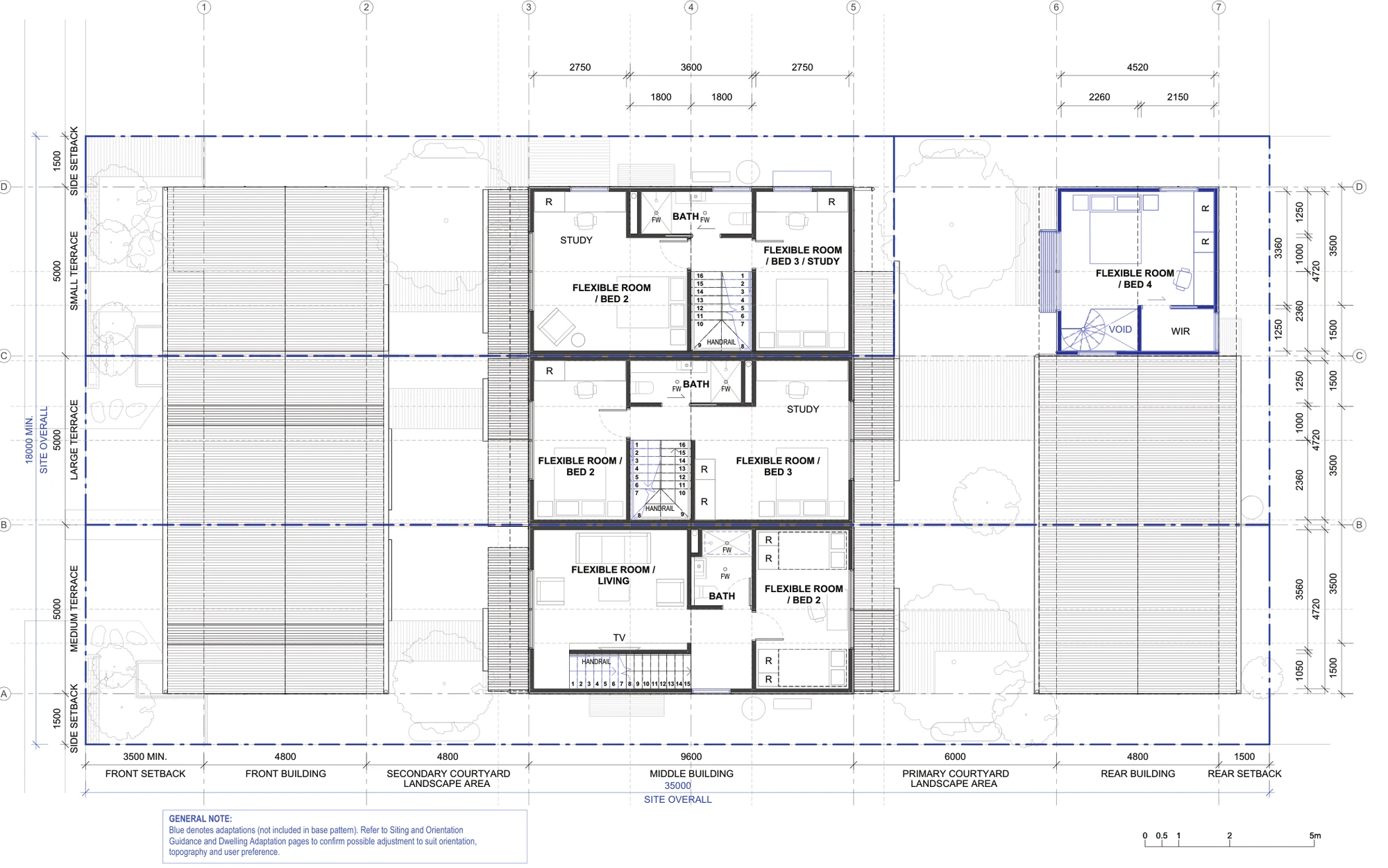 Pattern Book Terraces 04 first floor plan for a LMR housing area lot, showing the upper level of each two storey middle building with flexible rooms used as bedrooms, studies and living rooms, bathrooms, robes and the switchback stairs