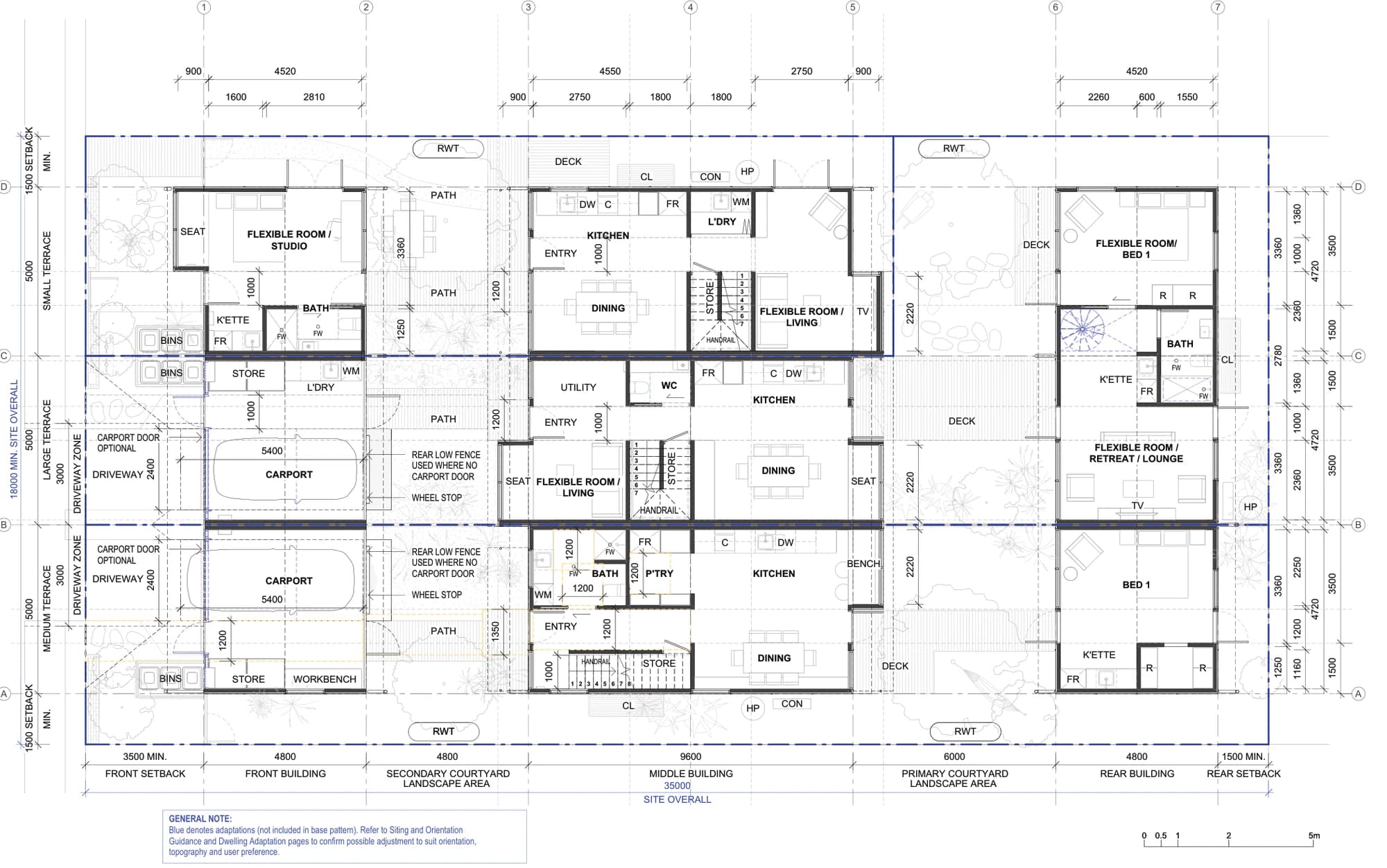 Pattern Book Terraces 04 ground floor plan for a LMR housing area lot, showing all 3 terraces with kitchens, dining, flexible living rooms, bathrooms, laundries, stores, entries from the side paths, two carports, decks, rainwater tanks and the two landscaped courtyards