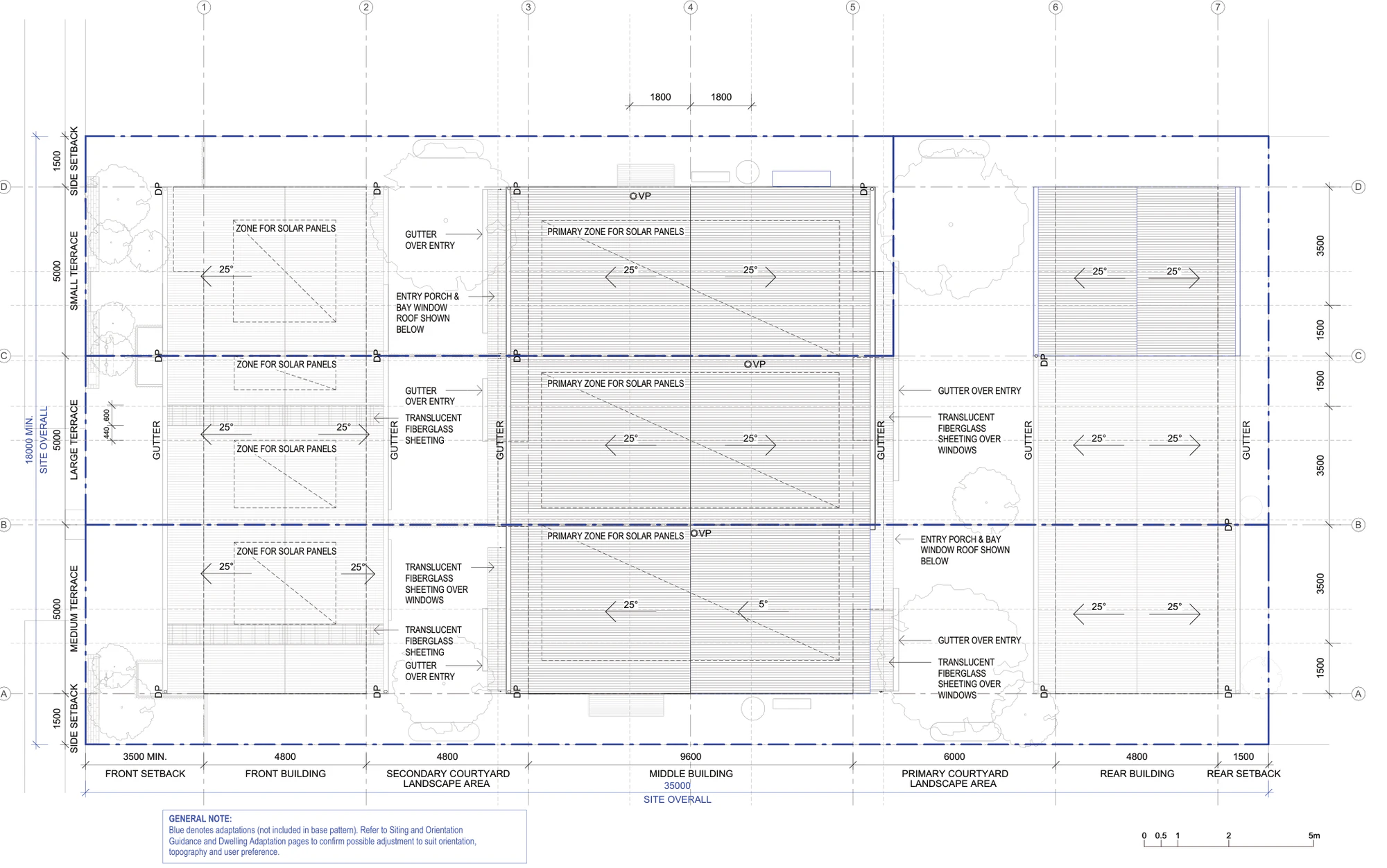 Pattern Book Terraces 04 roof plan for a LMR housing area lot, showing 25 degree gable roofs over the front, middle and rear buildings, zones for solar panels, translucent fibreglass sheeting over windows and entries, gutters and downpipes