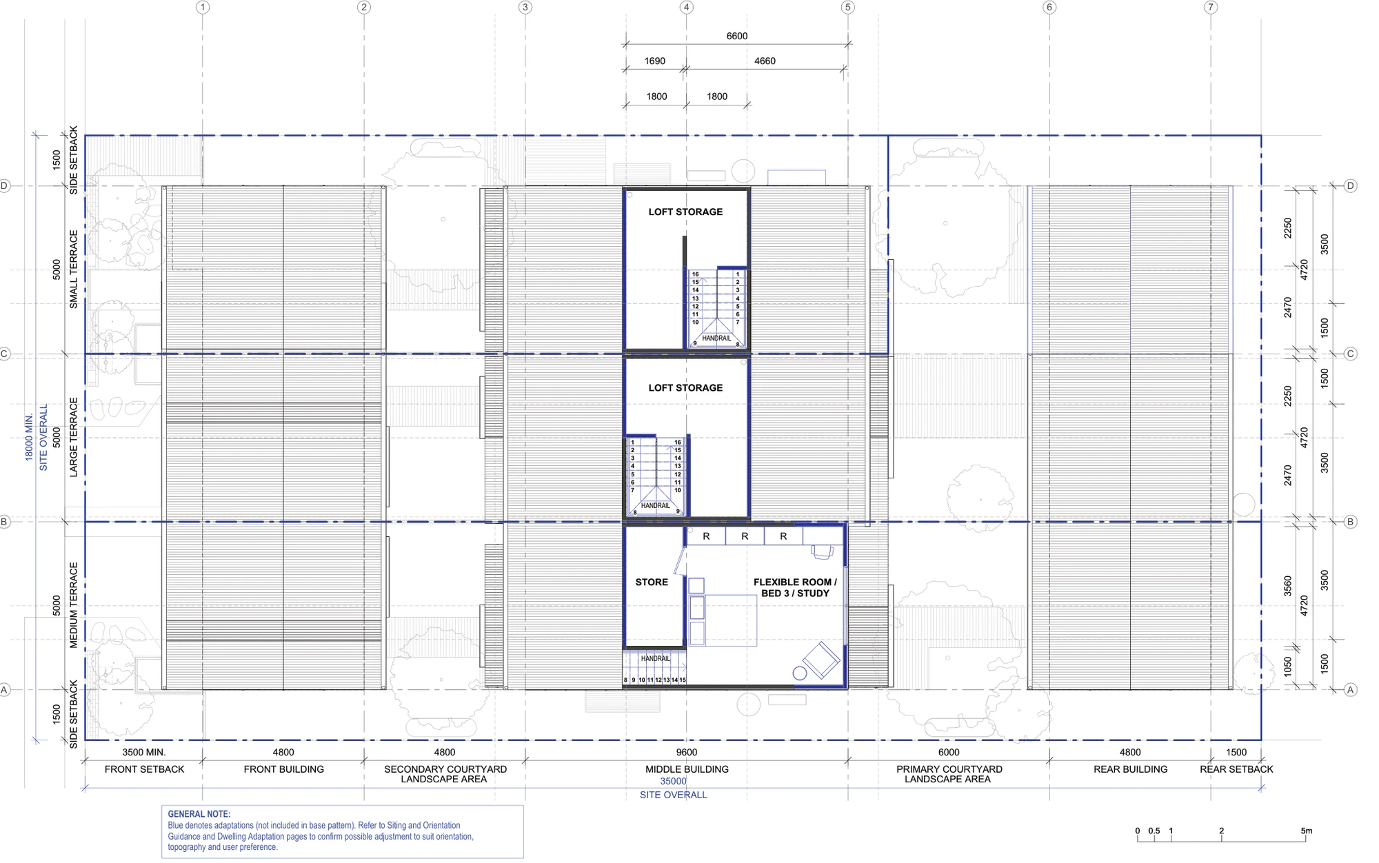 Pattern Book Terraces 04 second floor plan for a LMR housing area lot, showing the optional third storey dormer rooms drawn in blue as loft storage over two terraces and a flexible bedroom or study over the third, each reached by an added stair flight