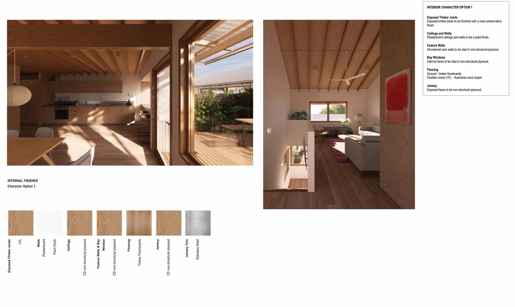 Pattern Book Terraces 04 interior character option 1 with exposed laminated veneer lumber joists, painted plasterboard walls, plywood ceilings, feature walls and bay windows, timber floorboards and stainless steel joinery trim