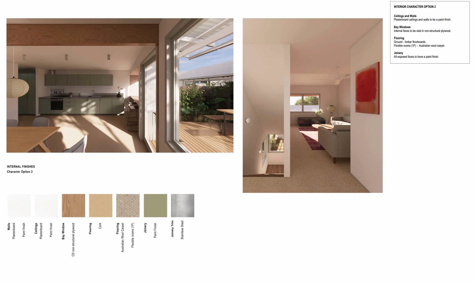 Pattern Book Terraces 04 interior character option 2 with painted plasterboard walls and ceilings, plywood lined bay windows, cork flooring on the ground floor, Australian wool carpet in the flexible rooms and painted joinery