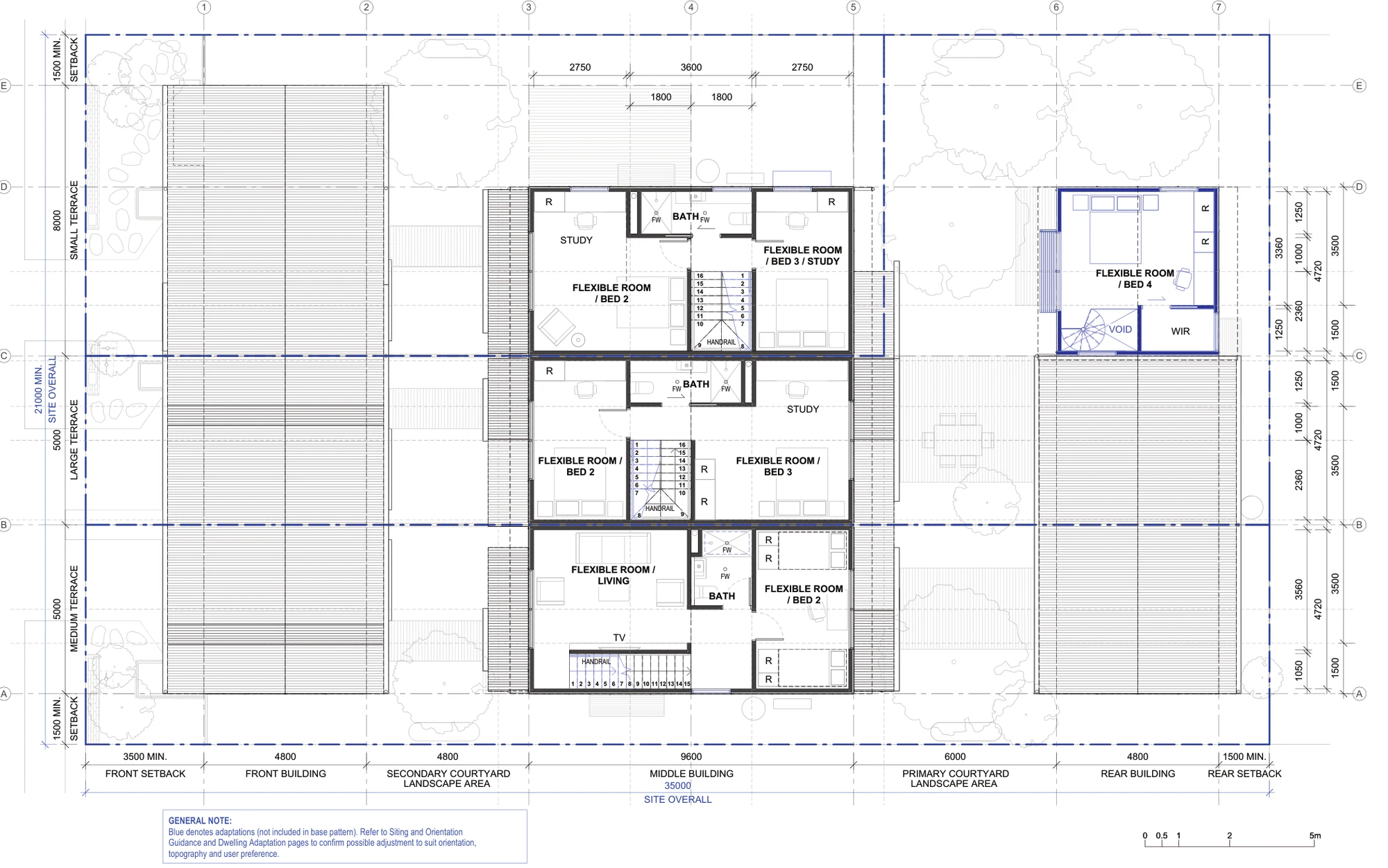 Pattern Book Terraces 04 first floor plan for a lot outside the LMR housing areas, showing the upper level of each two storey middle building with flexible rooms used as bedrooms, studies and living rooms, bathrooms, robes and the switchback stairs