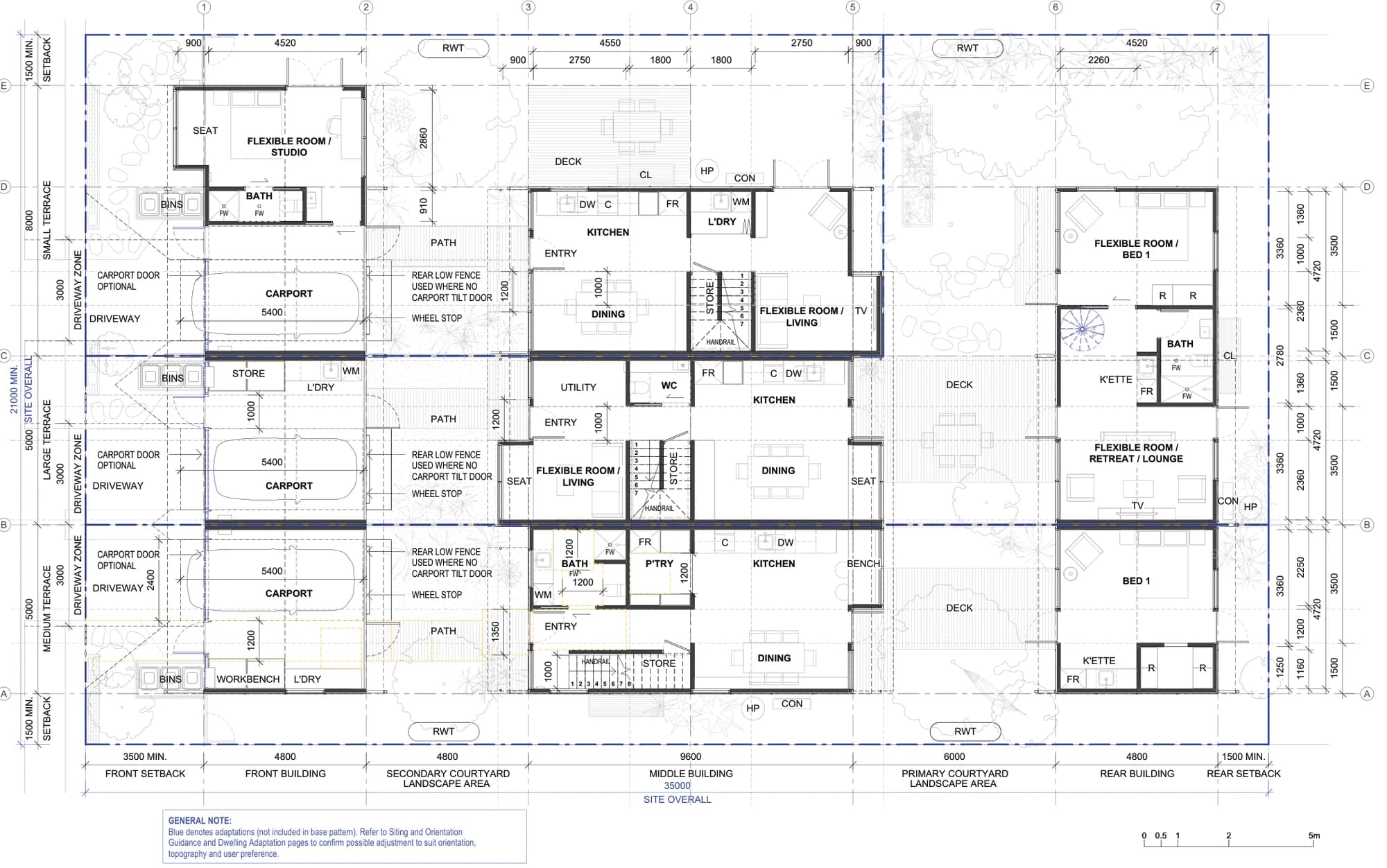 Pattern Book Terraces 04 ground floor plan for a lot outside the LMR housing areas, showing all 3 terraces with kitchens, dining, flexible living rooms, bathrooms, laundries, stores, three carports with optional carport doors, decks, rainwater tanks and the two landscaped courtyards
