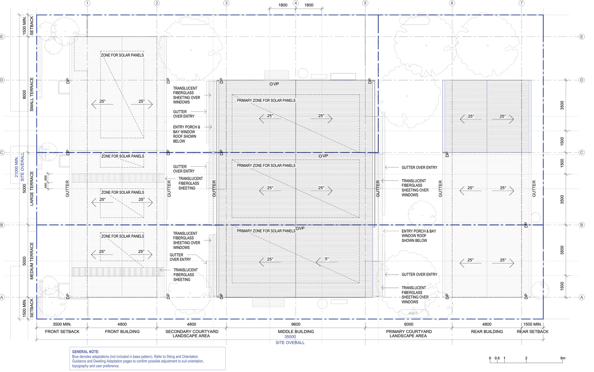 Pattern Book Terraces 04 roof plan for a lot outside the LMR housing areas, showing 25 degree gable roofs over the front, middle and rear buildings, zones for solar panels, translucent fibreglass sheeting over windows and entries, gutters and downpipes