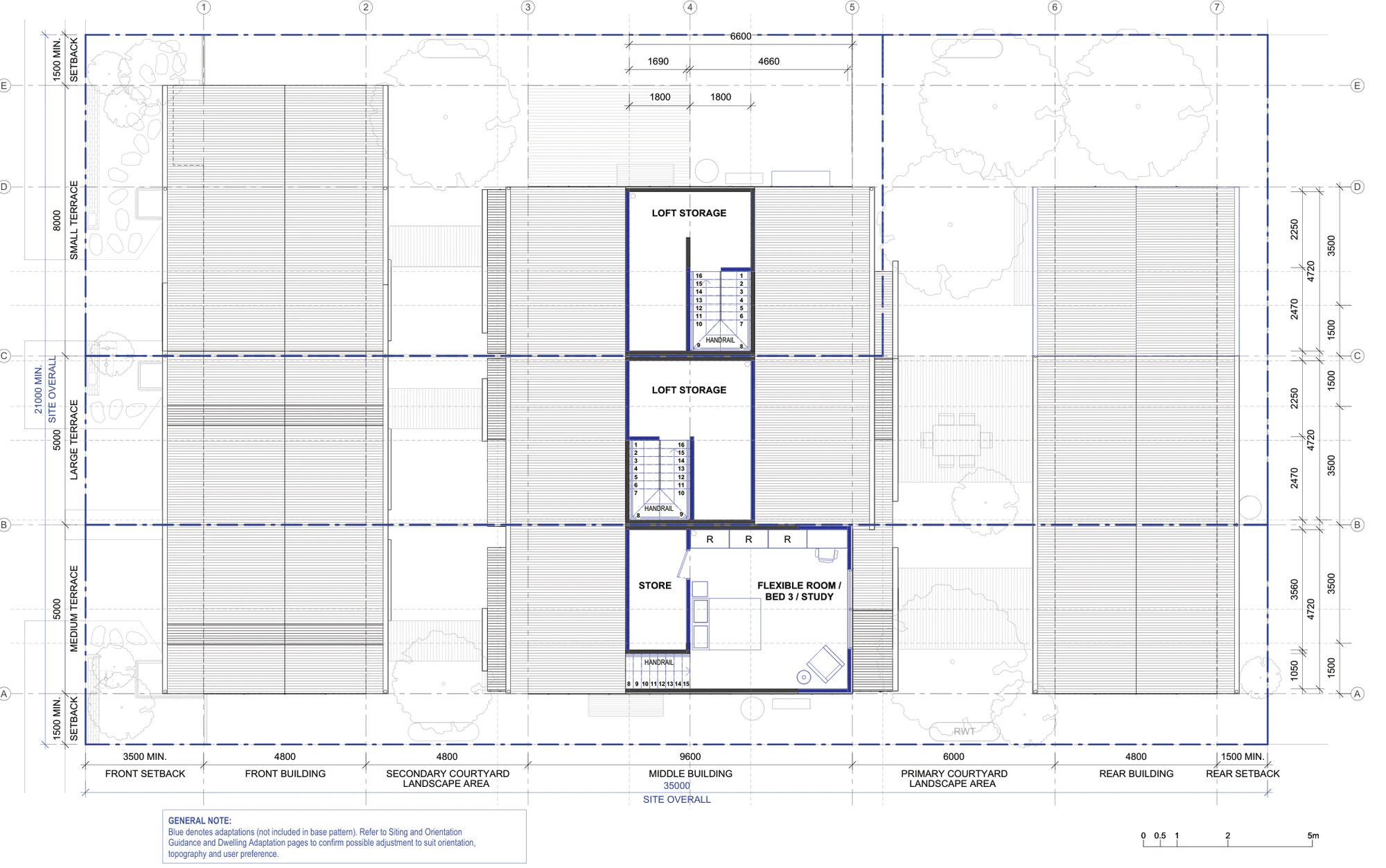 Pattern Book Terraces 04 second floor plan for a lot outside the LMR housing areas, showing the optional third storey dormer rooms drawn in blue as loft storage over two terraces and a flexible bedroom or study over the third
