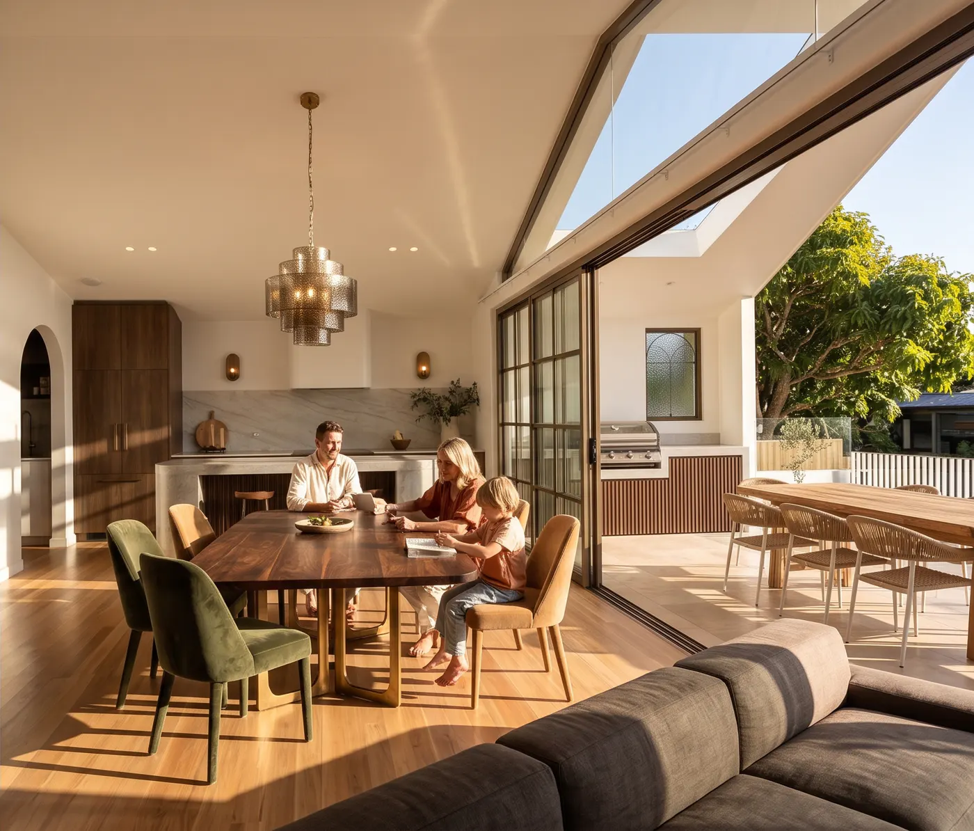 The same kitchen, dining and living room with its living areas facing north, full of low sun and open to the deck