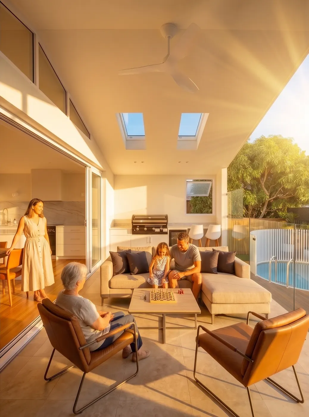 The same outdoor living area facing north, warm with low sun across the seating and the pool