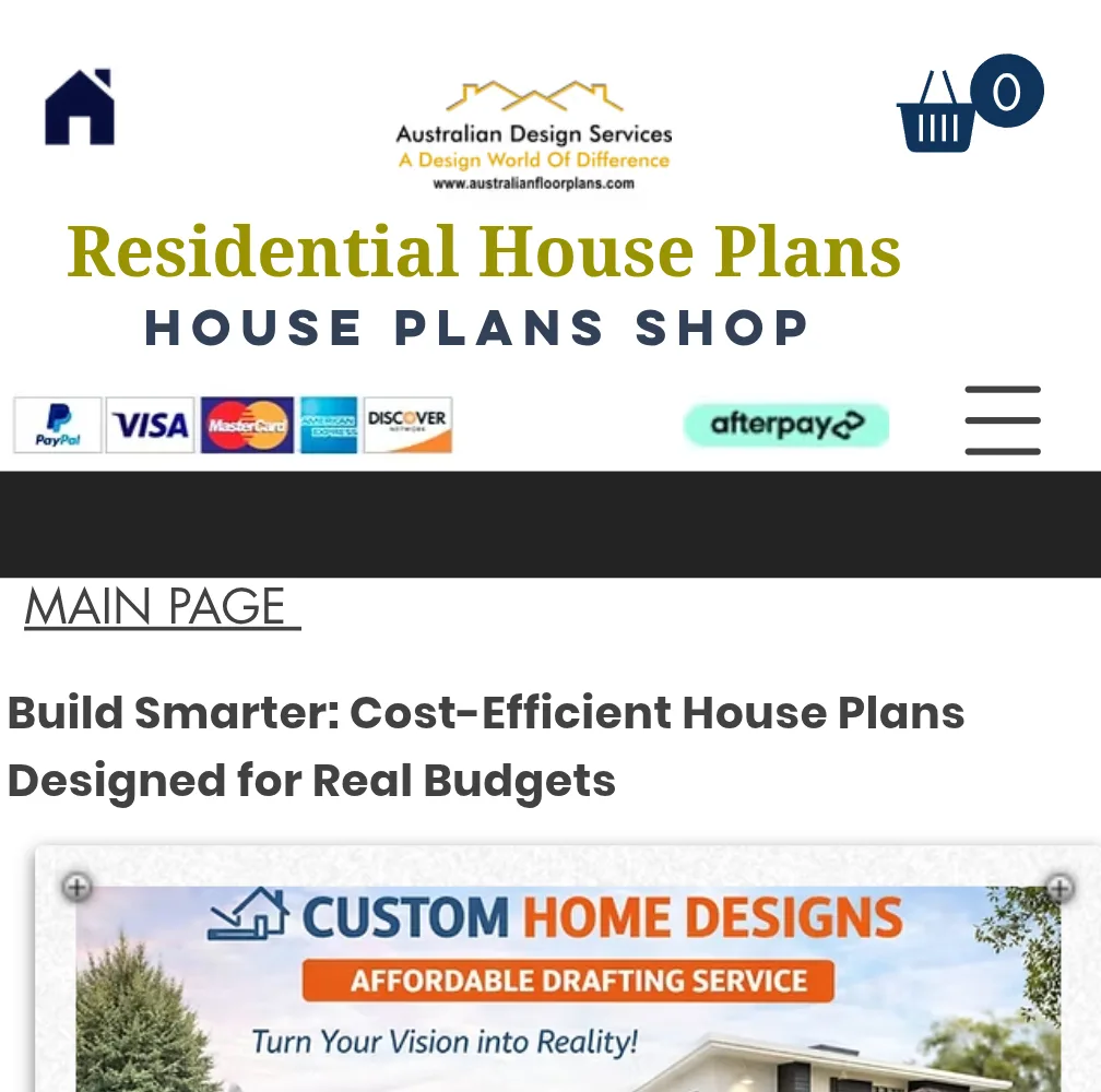 The Australian Floor Plans house plans shop with payment options and custom home design banners.
