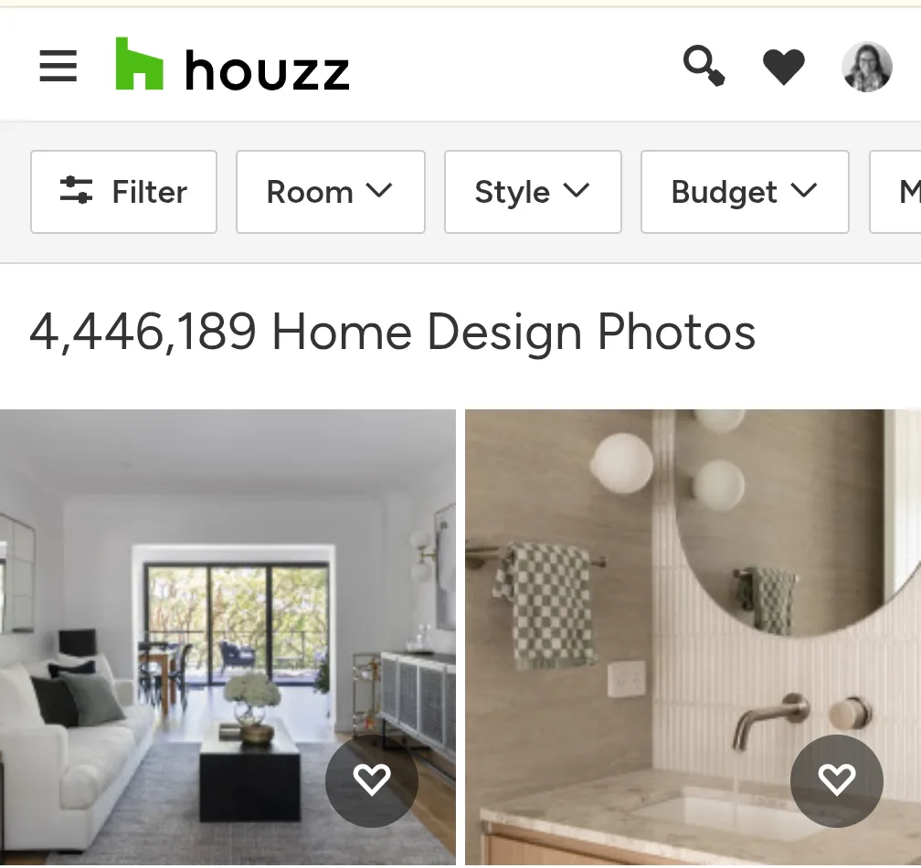 The Houzz photos page with Filter, Room, Style and Budget controls above a grid of millions of home design photos.