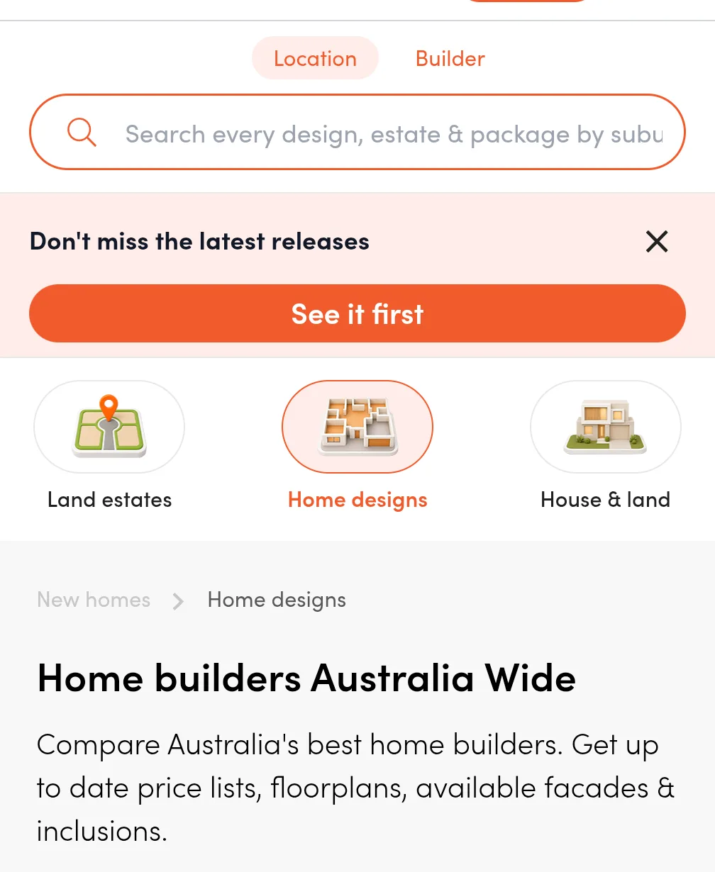 The iBuildNew home designs page with Location and Builder search, Land estates, Home designs and House and land categories.