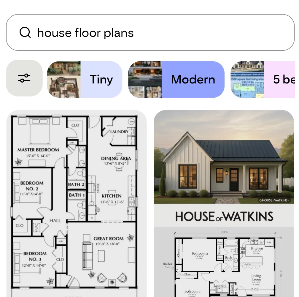Pinterest search results for house floor plans, with Tiny, Modern and 5 bedroom filter chips above a grid of plans.