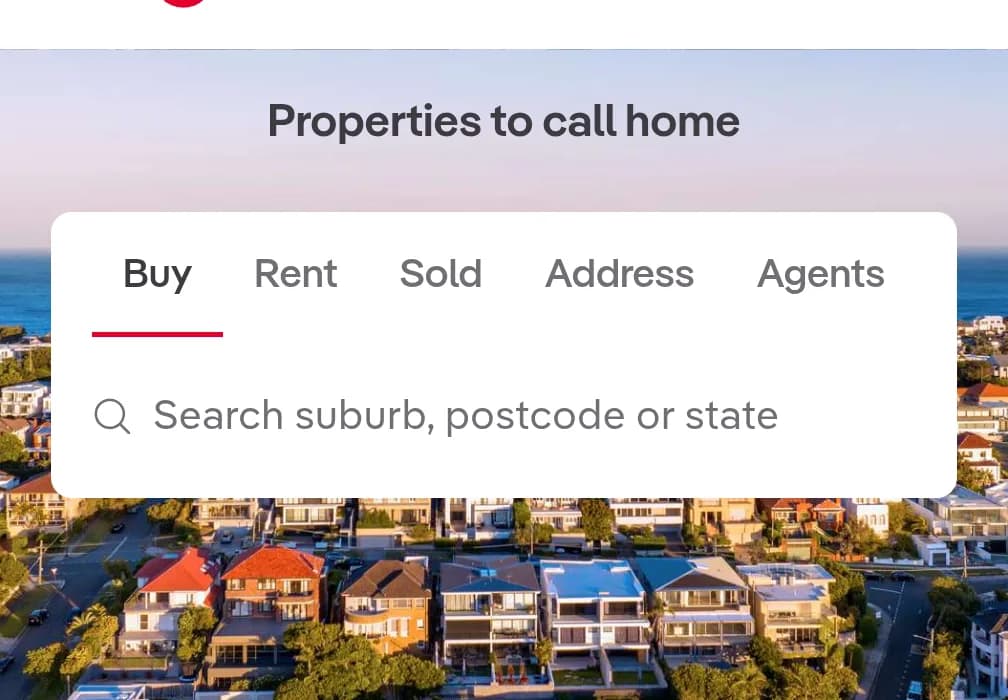 The realestate.com.au search with Buy, Rent, Sold, Address and Agents tabs and a suburb, postcode or state search field.