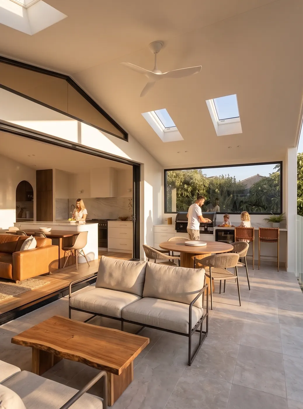 The same living room and alfresco facing north, with late sun reaching right through to the kitchen