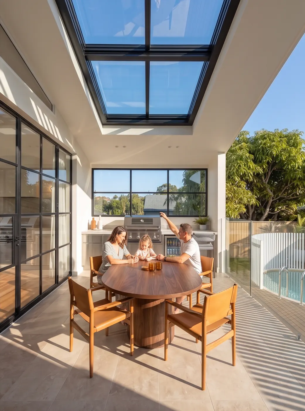 The same outdoor dining area facing north, with sun through the glazed roof and blue sky above it